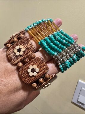 2 pieces Turquoise tone Beaded and Wood Statement Bracelet